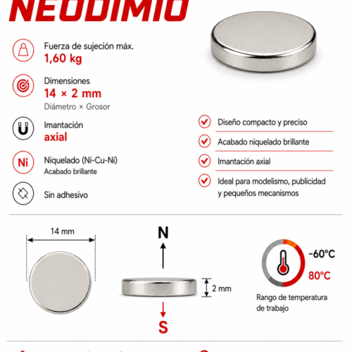 Descripción: Imán de neodimio D14X2 mm, grado N35, Ni-Cu-Ni