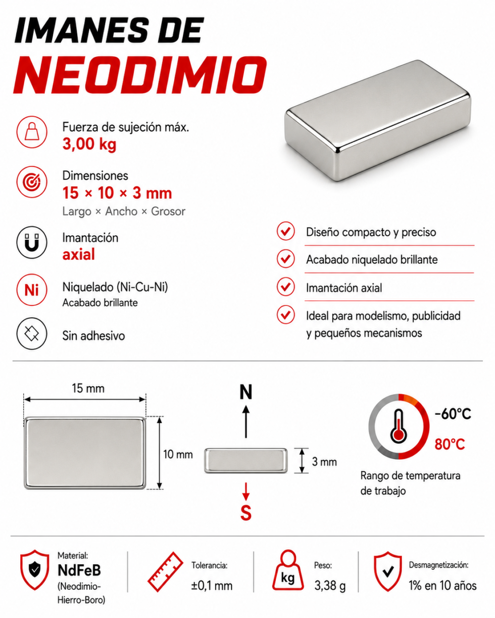 Imán de neodimio 15x10x3 mm, grado N35, Ni-Cu-Ni