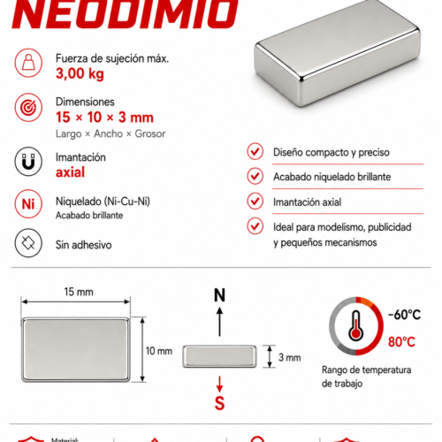 Imán de neodimio 15x10x3 mm, grado N35, Ni-Cu-Ni