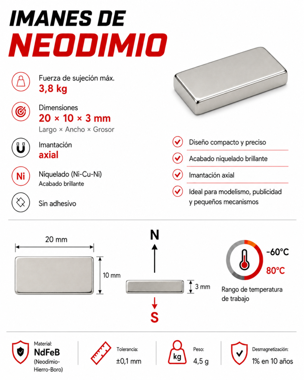 Imán de neodimio 20x10x3 mm, grado N35, Ni-Cu-Ni