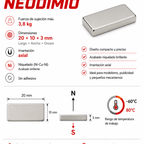 Imán de neodimio 20x10x3 mm, grado N35, Ni-Cu-Ni