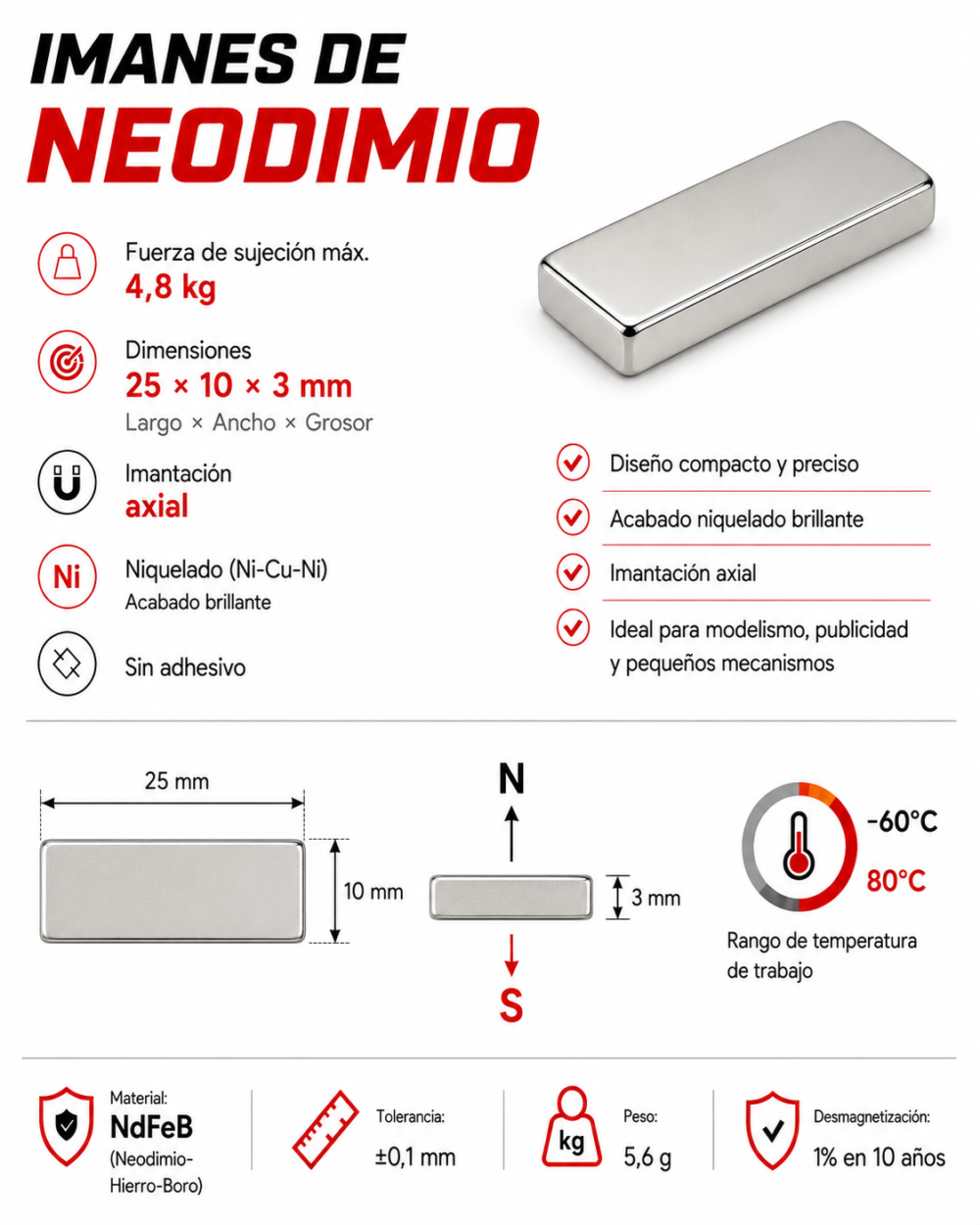 Imán de neodimio 25x10x3 mm, grado N35, Ni-Cu-Ni
