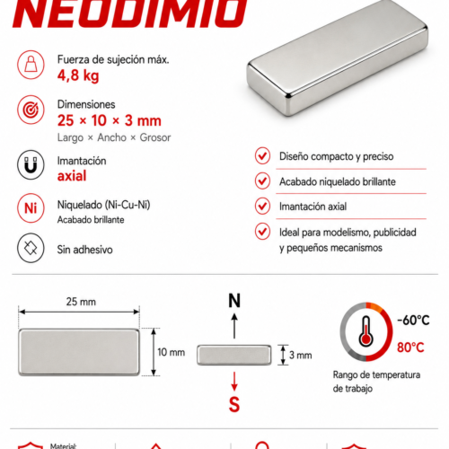 Imán de neodimio 25x10x3 mm, grado N35, Ni-Cu-Ni