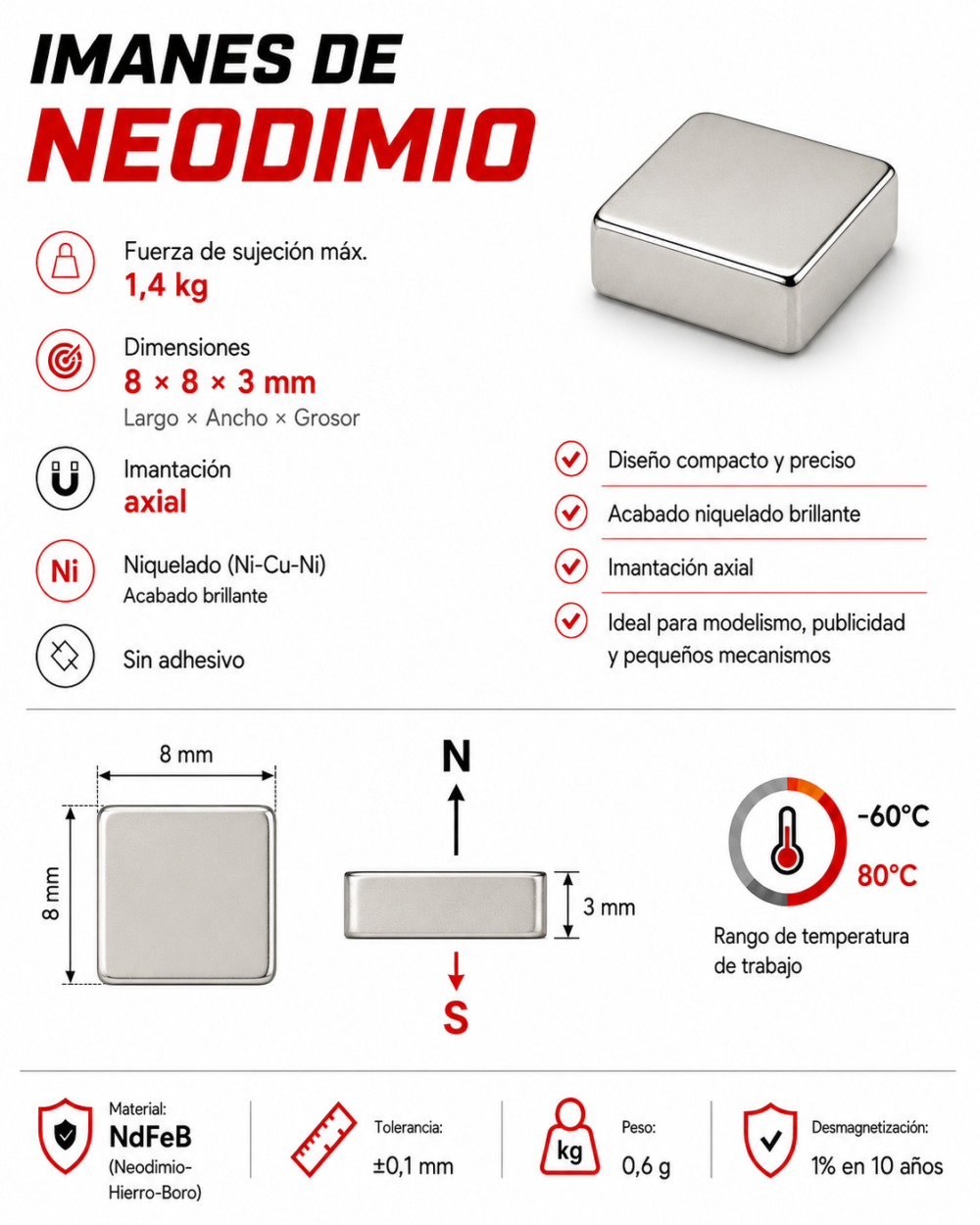 Imán de neodimio 8x8x3 mm, grado N35, Ni-Cu-Ni