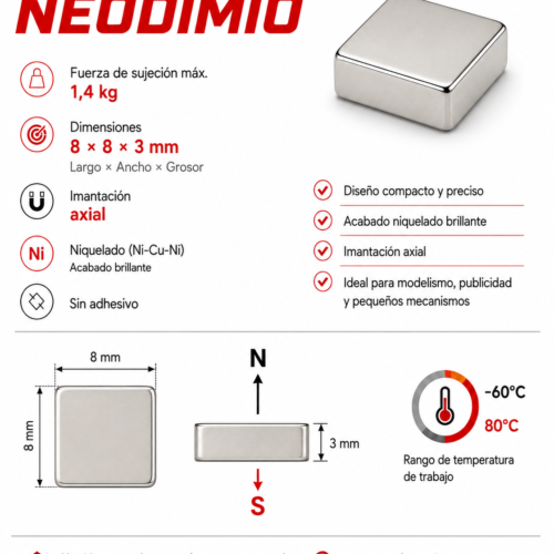 Imán de neodimio 8x8x3 mm, grado N35, Ni-Cu-Ni