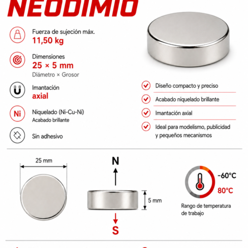 Imán de neodimio D25X5 mm, grado N35, Ni-Cu-Ni