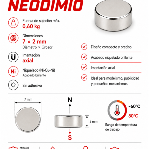 Imán de neodimio D7x2 mm, grado N35, Ni-Cu-Ni
