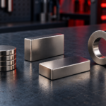 Imanes de neodimio en forma de disco, bloque y anillo sobre una mesa de taller