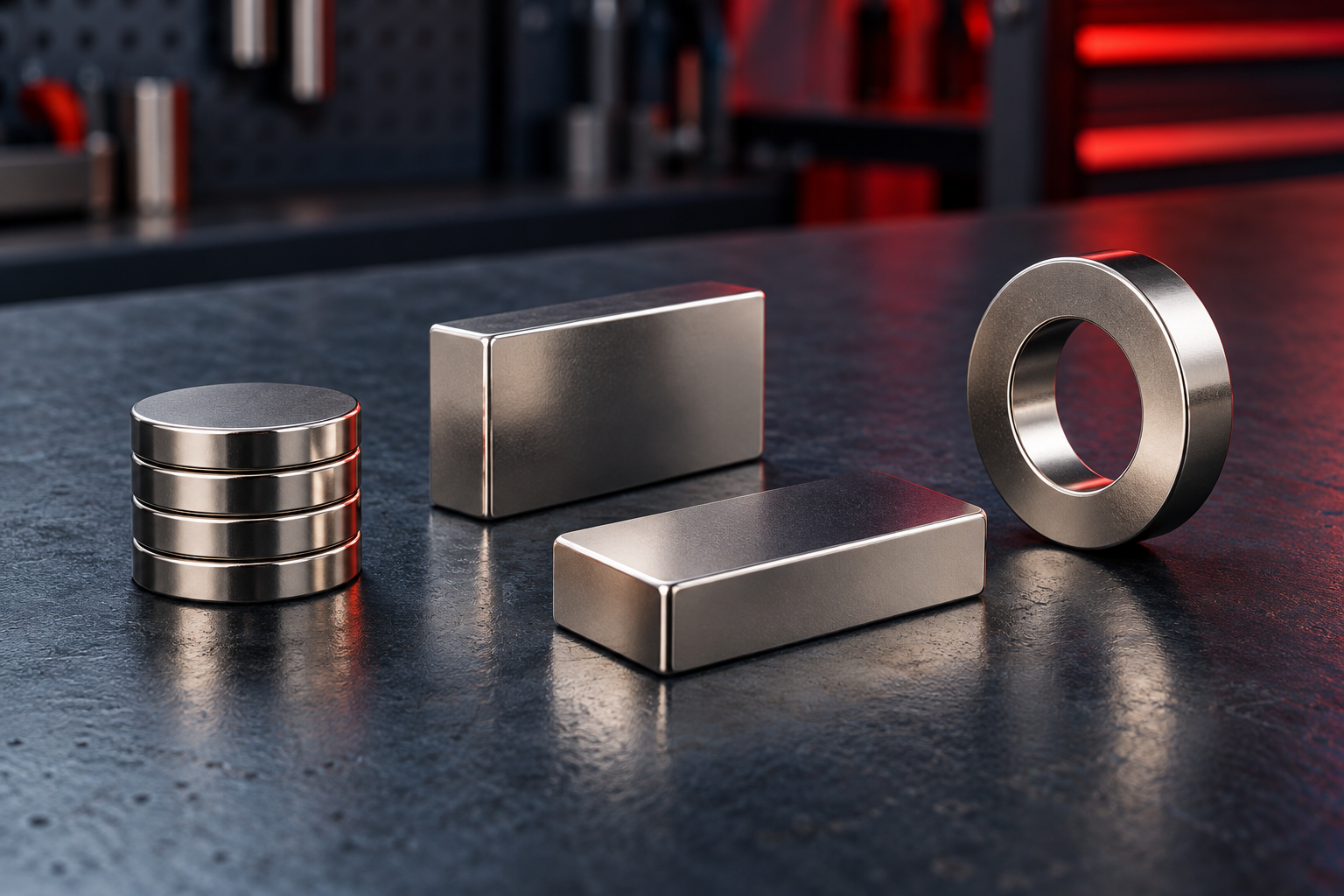 Imanes de neodimio en forma de disco, bloque y anillo sobre una mesa de taller