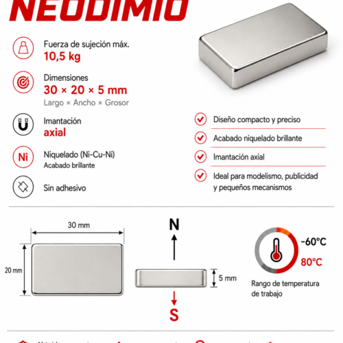 Imán de neodimio 30x20x5 mm, grado N35, Ni-Cu-Ni