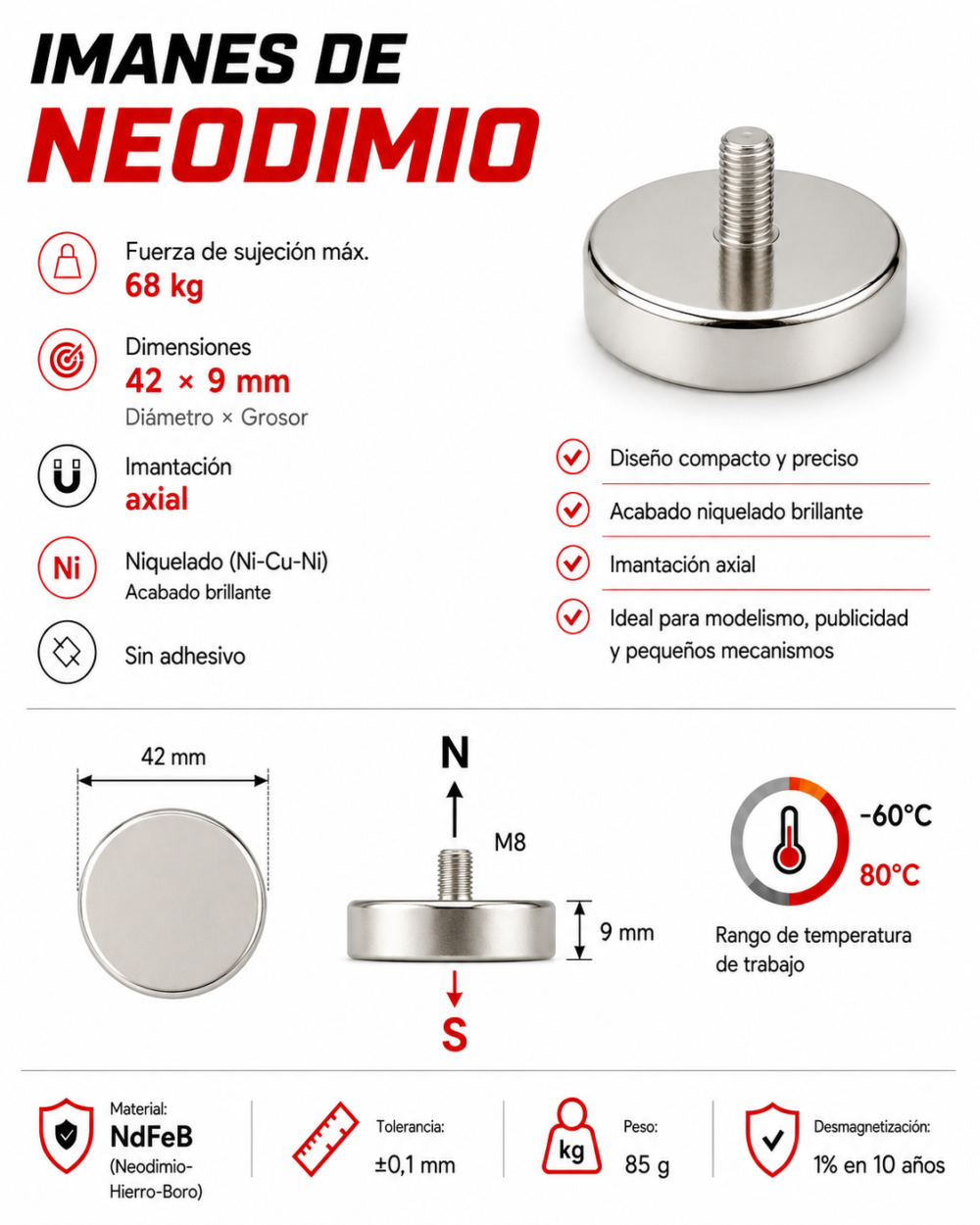 Imán de neodimio C42 (M8), grado N35, Ni-Cu-Ni