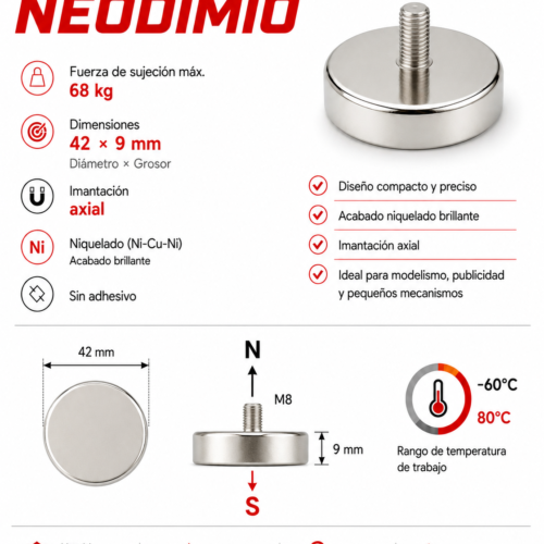 Imán de neodimio C42 (M8), grado N35, Ni-Cu-Ni