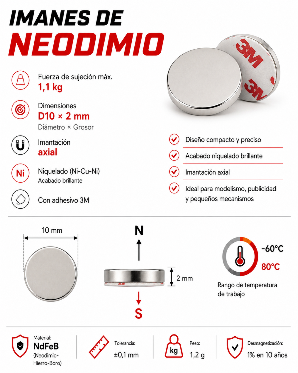Imán de neodimio D10X2+3M mm, grado N35, Ni-Cu-Ni