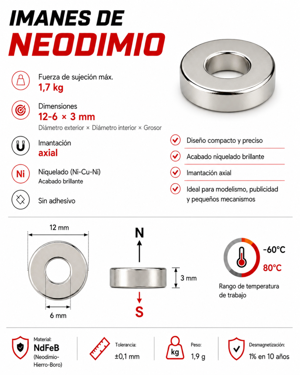 Imán de neodimio D12-6X3 mm, grado N35, Ni-Cu-Ni