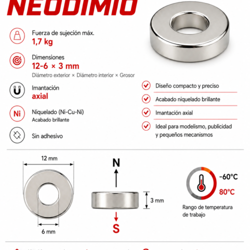 Imán de neodimio D12-6X3 mm, grado N35, Ni-Cu-Ni