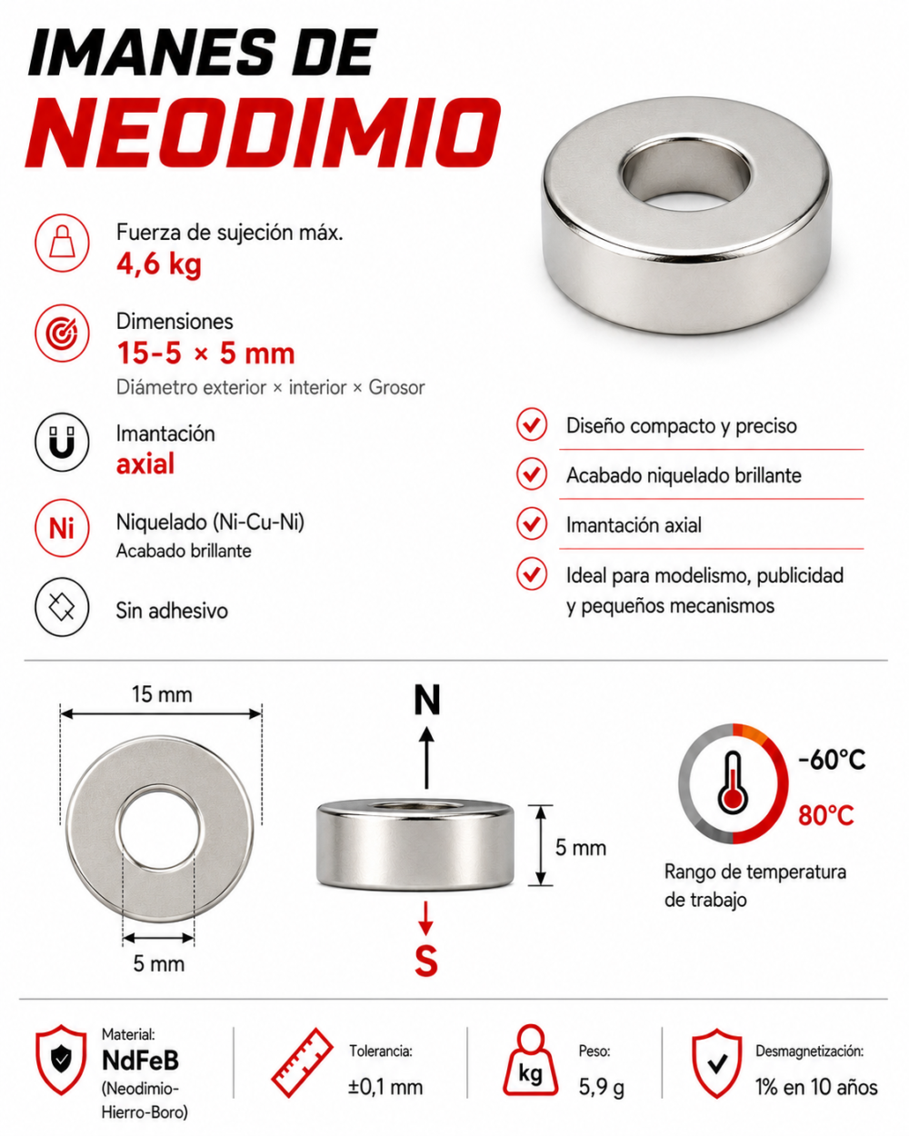 Imán de neodimio D15-5X5 mm, grado N35, Ni-Cu-Ni