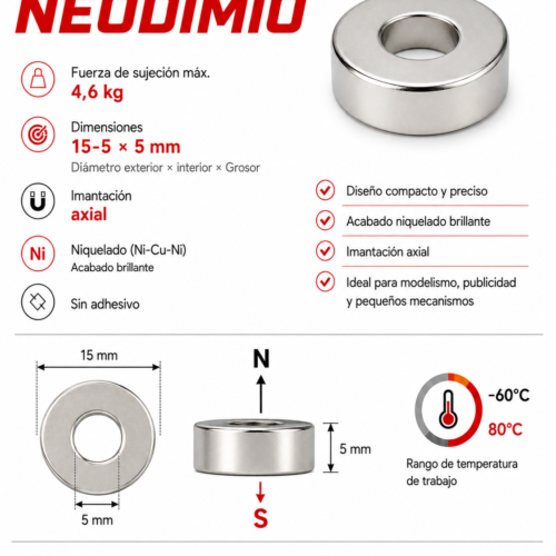 Imán de neodimio D15-5X5 mm, grado N35, Ni-Cu-Ni