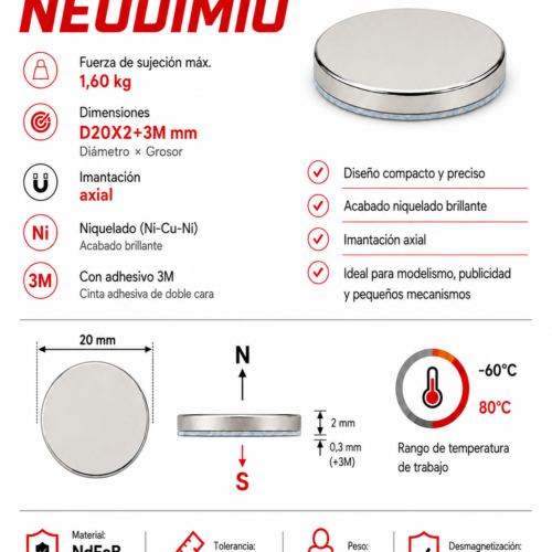 Imán de neodimio D20X2+3M mm, grado N35, Ni-Cu-Ni