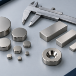 Imanes de neodimio de disco, bloque y anillo junto a un calibre para comparar medidas