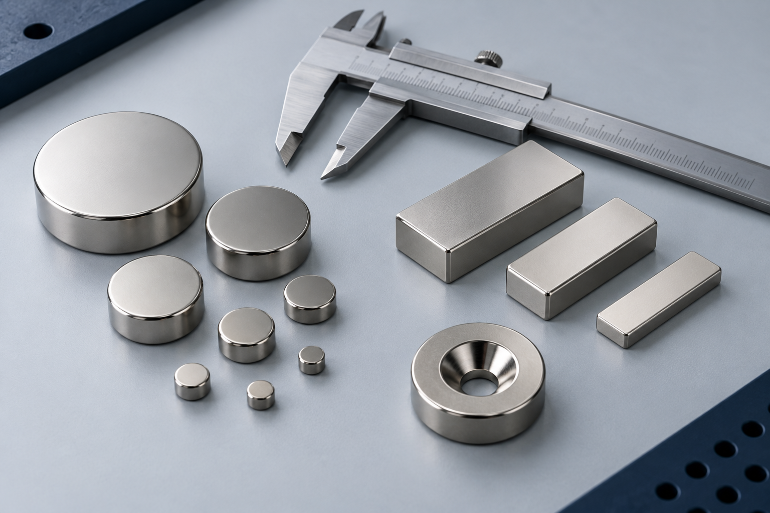 Imanes de neodimio de disco, bloque y anillo junto a un calibre para comparar medidas